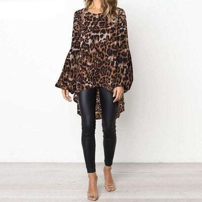 Leopard Print Lantern Sleeve Tops - Myfashionglobe
