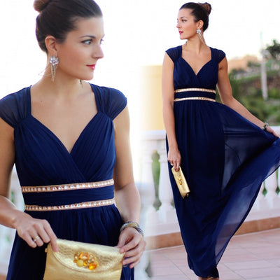Ruched Beading Empire Long Dress - Myfashionglobe